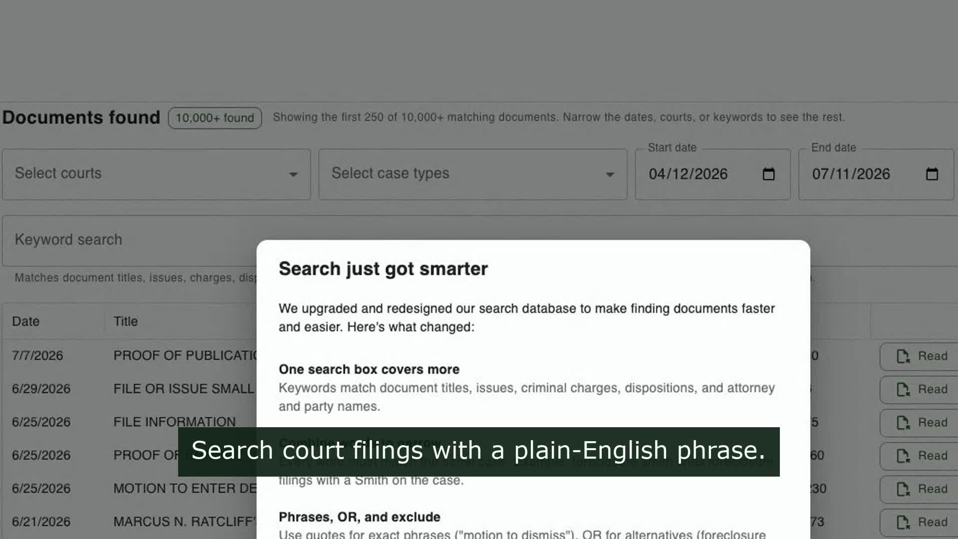 DOCKET2ME document search showing filters and court document results