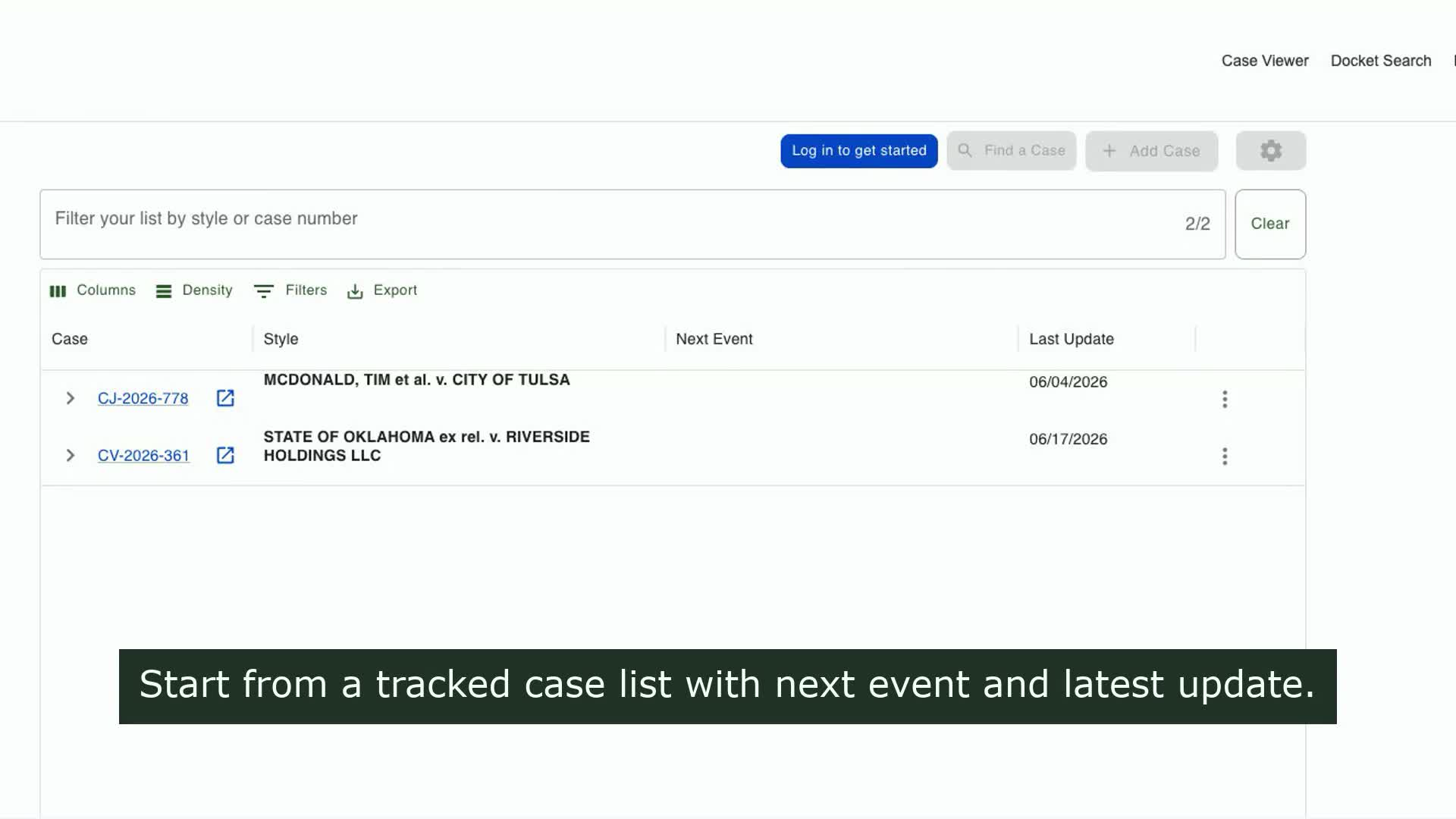 DOCKET2ME tracked case list showing case activity and latest updates