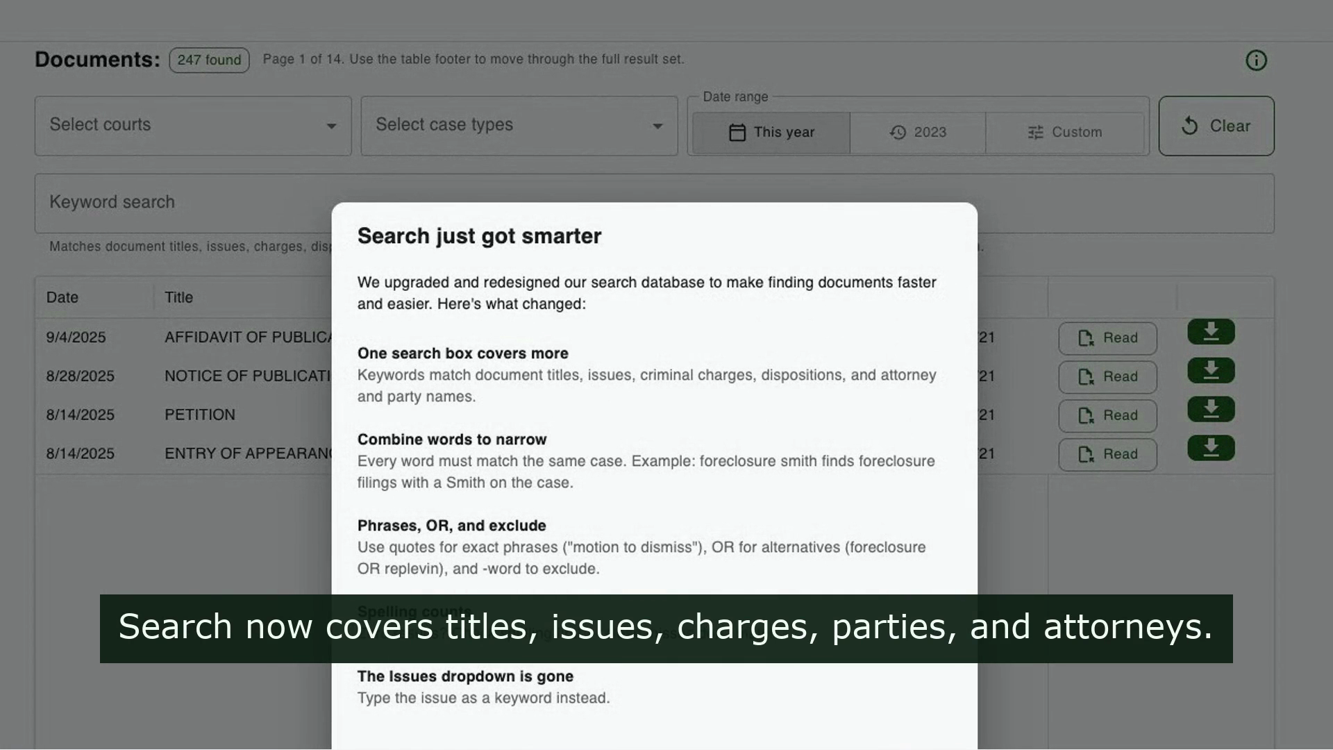 DOCKET2ME document search showing filters and court document results